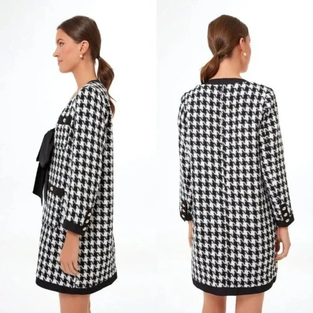 Tuckernuck Pomander Place Coco Tweed Houndstooth Bow Dress XXL Black White‎